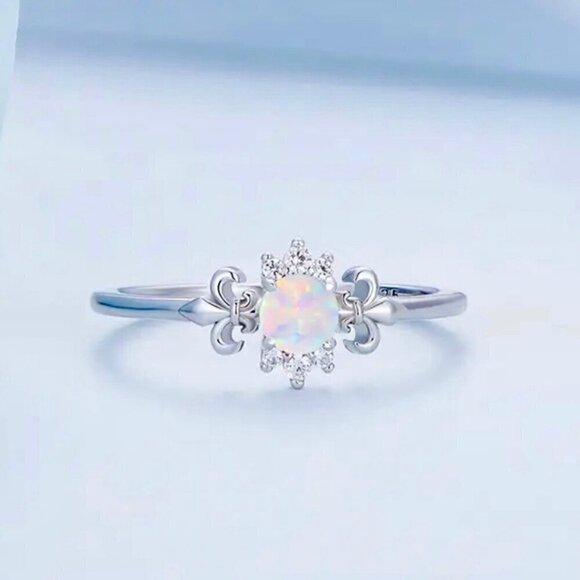 NWT Dainty Natural Opal Ring Sz.7 Fleur De Lis Platinum Plated S925 Silver - Picture 2 of 6